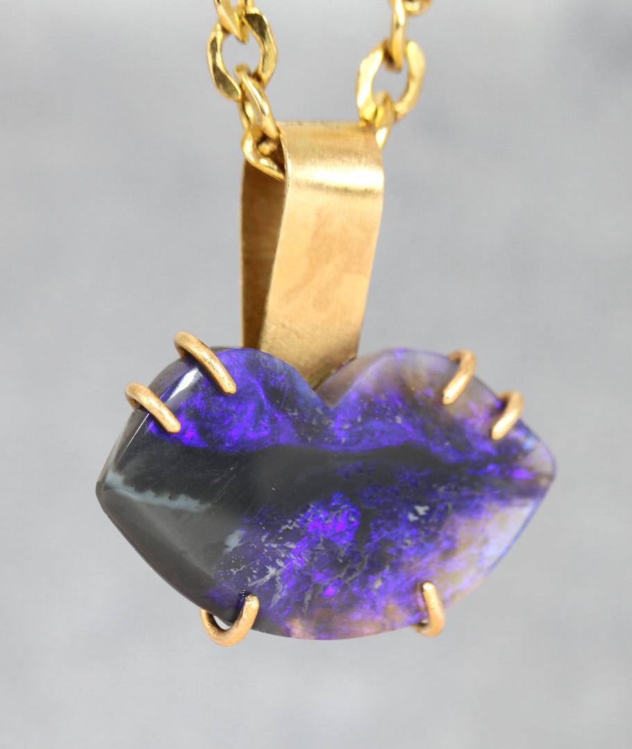 Blue Lips Black Crystal Opal solid gold pendant L side view