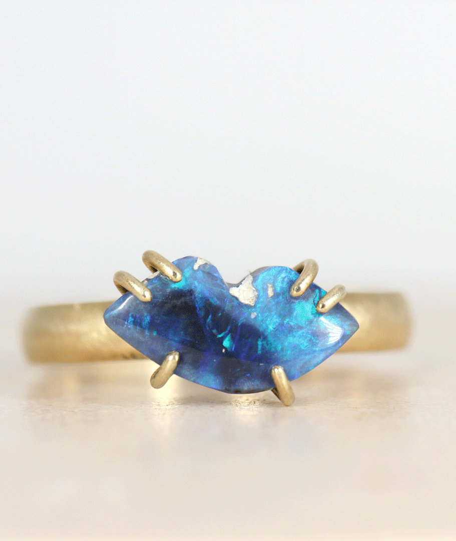 Blue Lips Black Opal Ring in Solid Gold