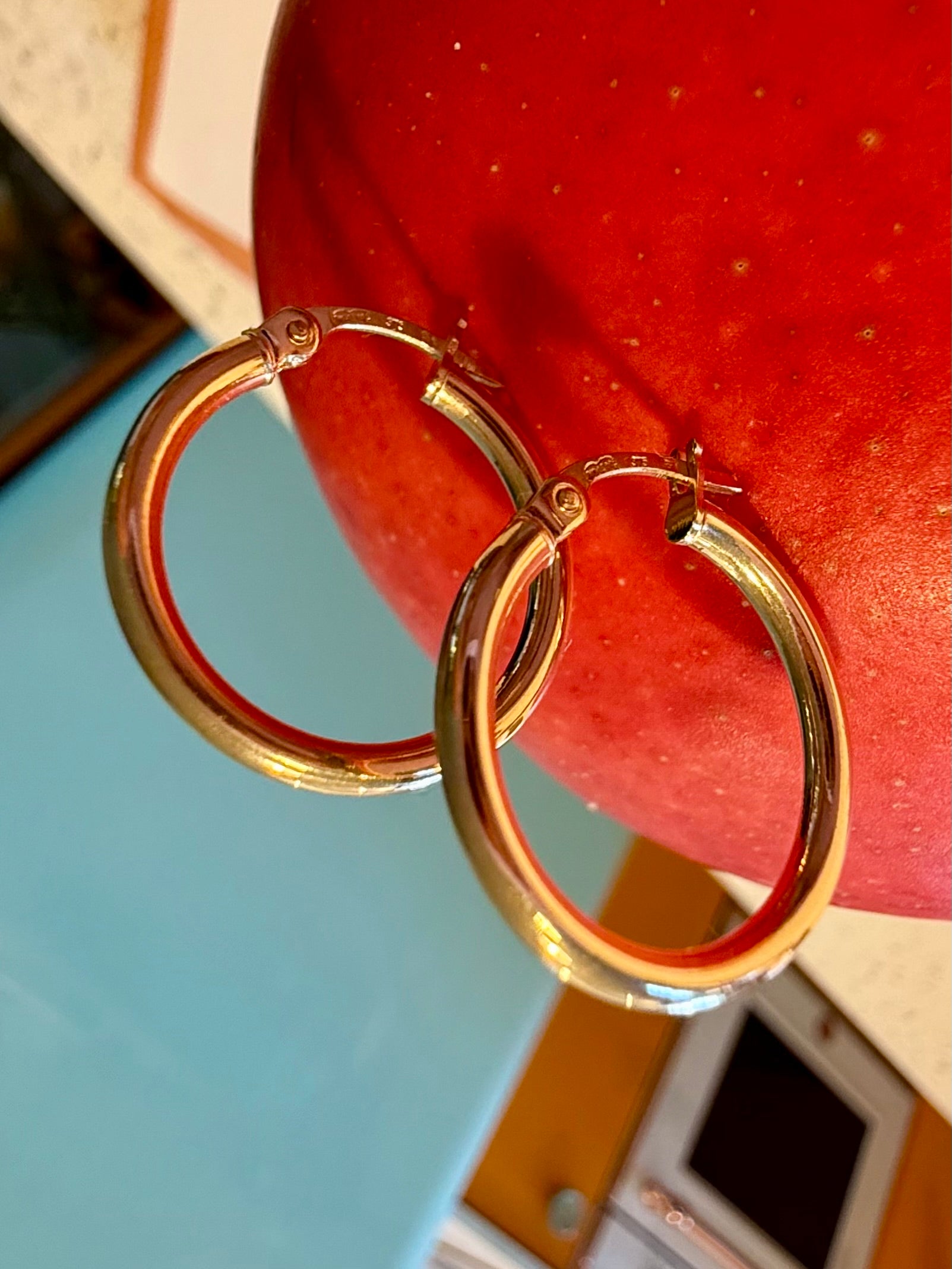 Classic everyday Solid Gold Hoops zoomed in pinned into a mango.