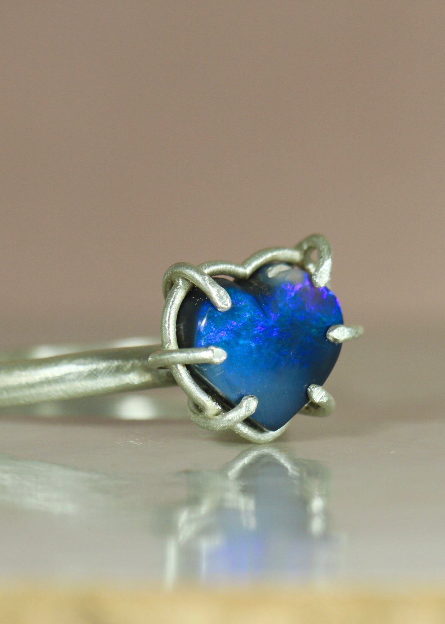 Black Opal Blue Heart Ring in silver