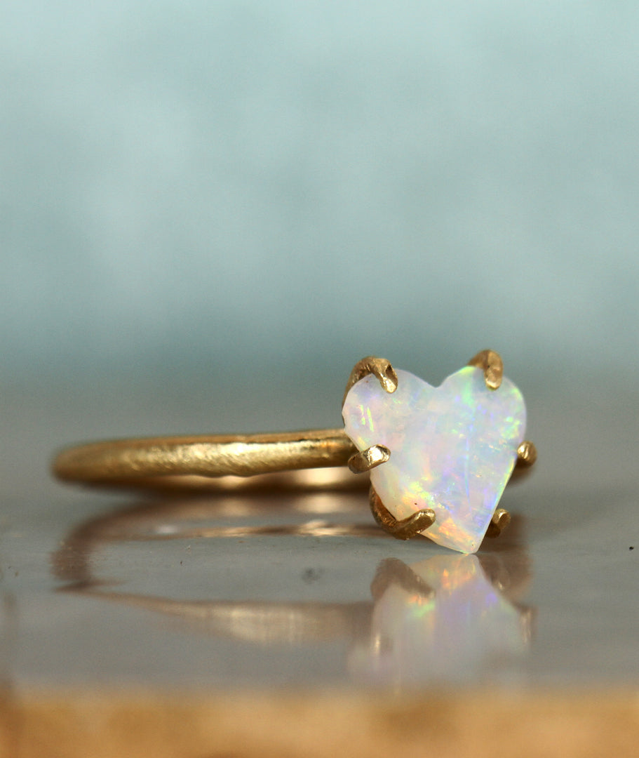 Rainbow Heart Crystal Opal ring in solid gold left side view