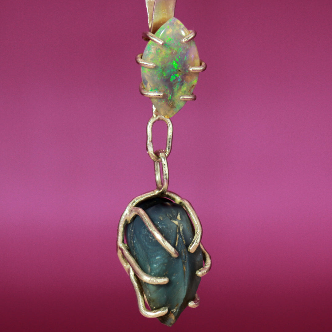 Green Opal and Opalised Shell fossil pendant