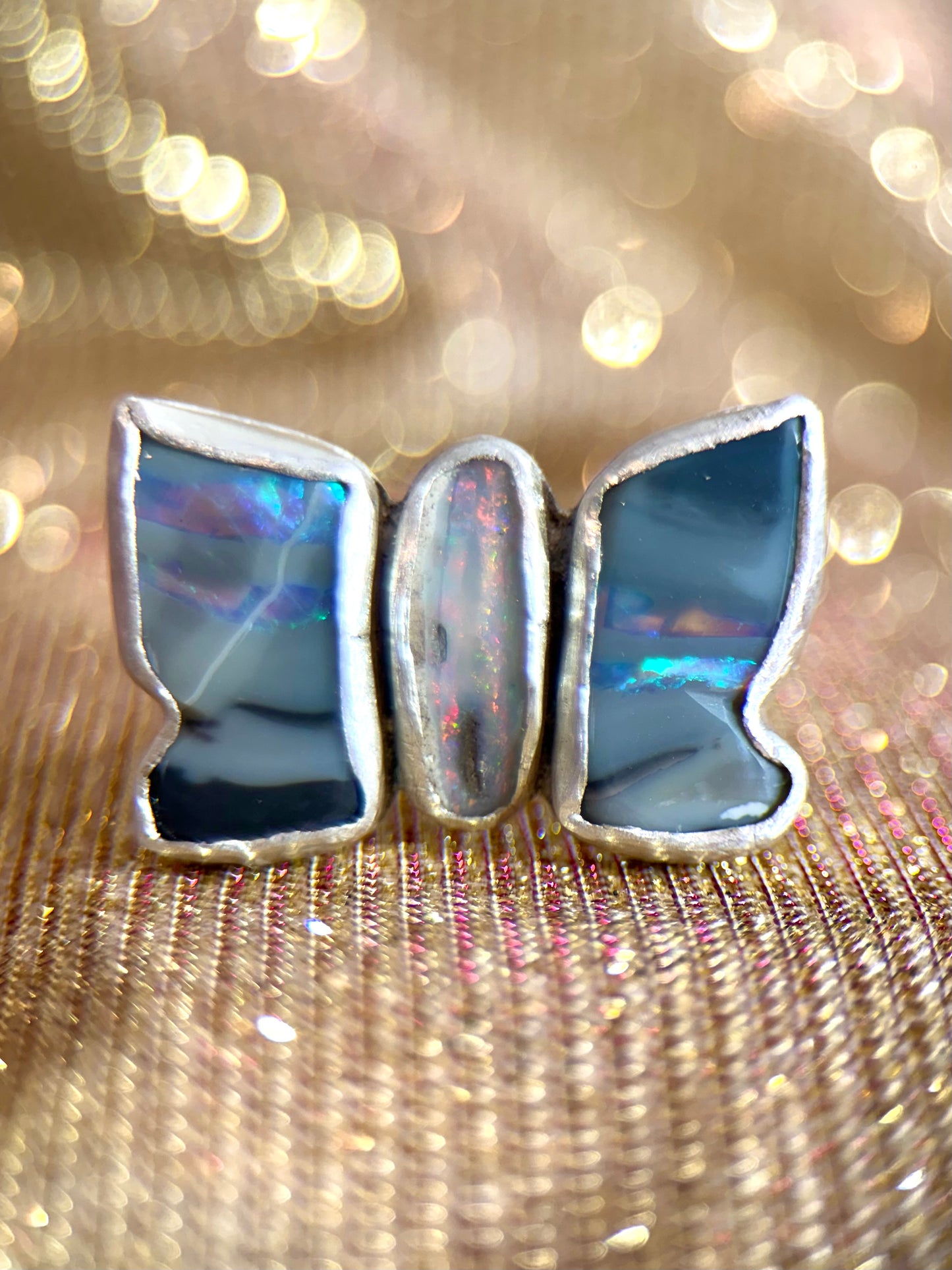 3 Opal Stone Butterly ring front view 
