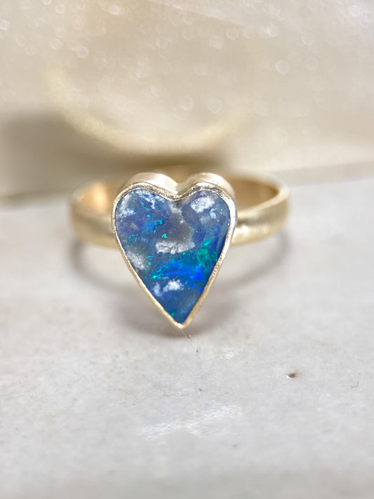 Black Opal Blue Heart ring in solid 9ct gold