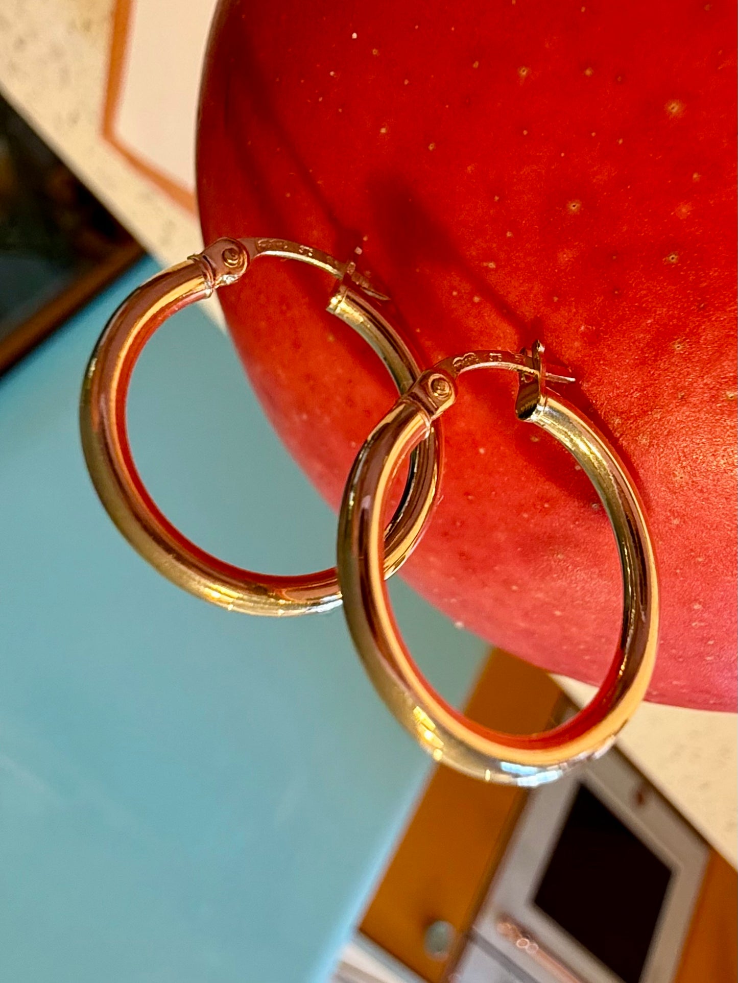 Classic everyday Solid Gold Hoops zoomed in pinned into a mango. 