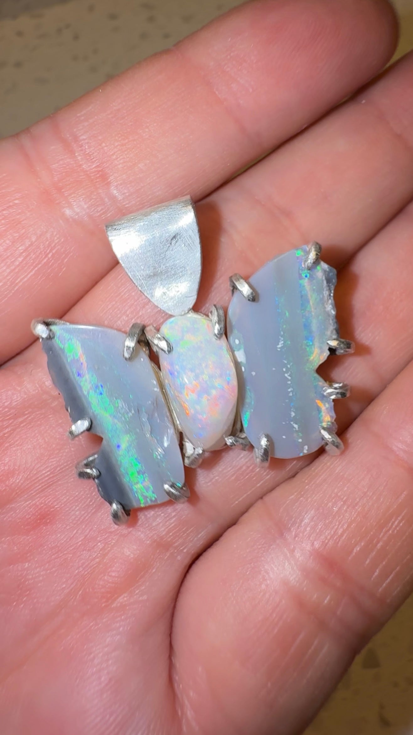 Three Stone Black Opal Butterfly Necklace