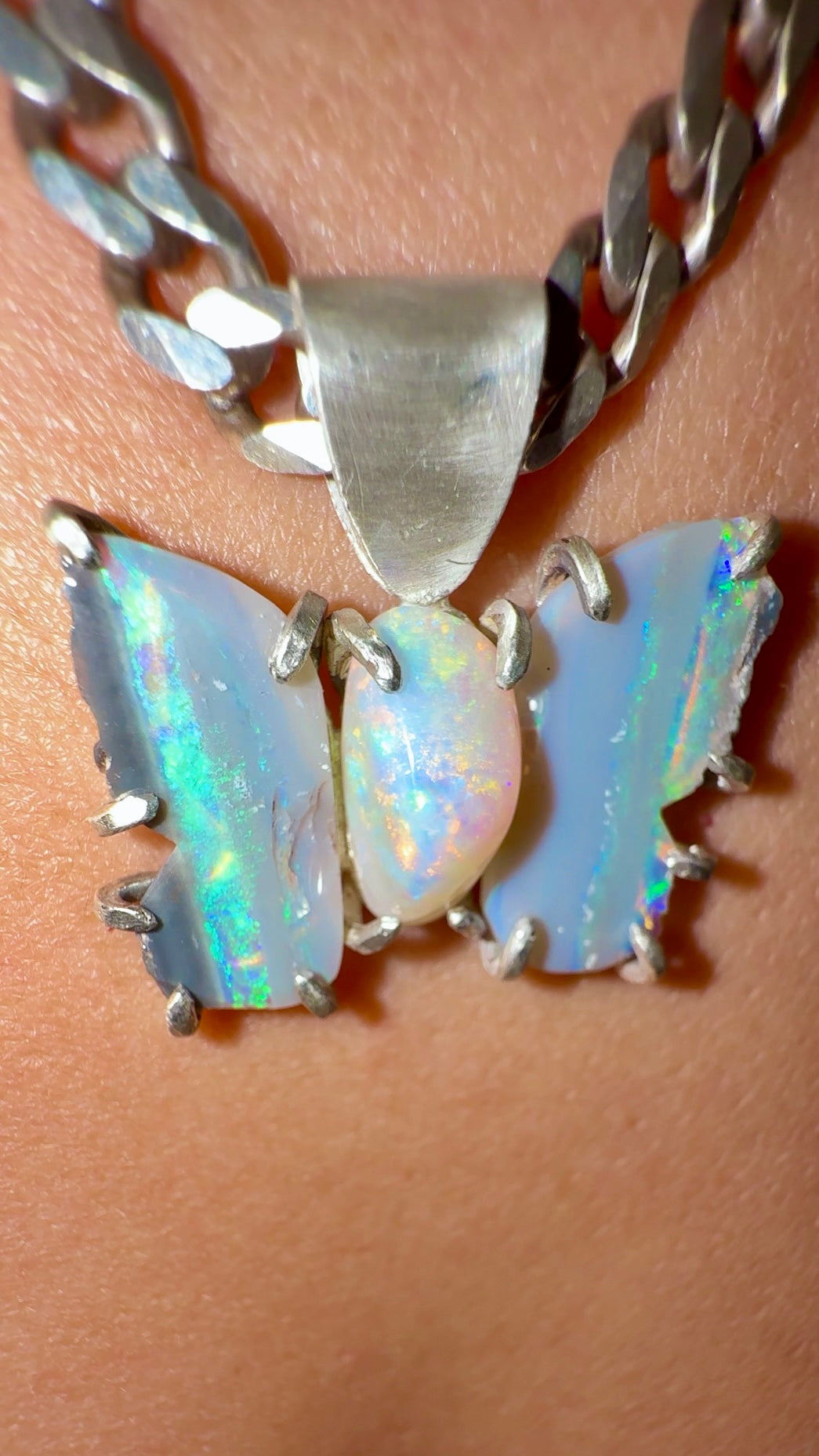 Three Stone Black Opal Butterfly Necklace