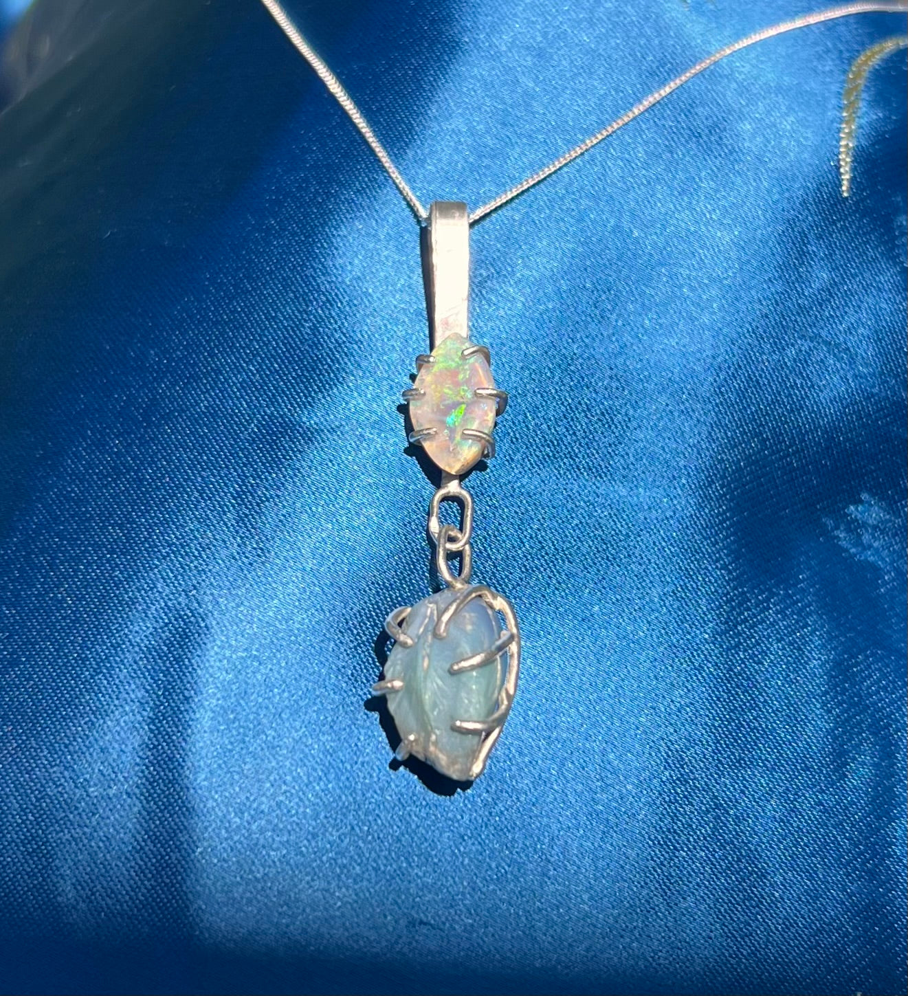 Green Opal and Opalised Shell fossil pendant