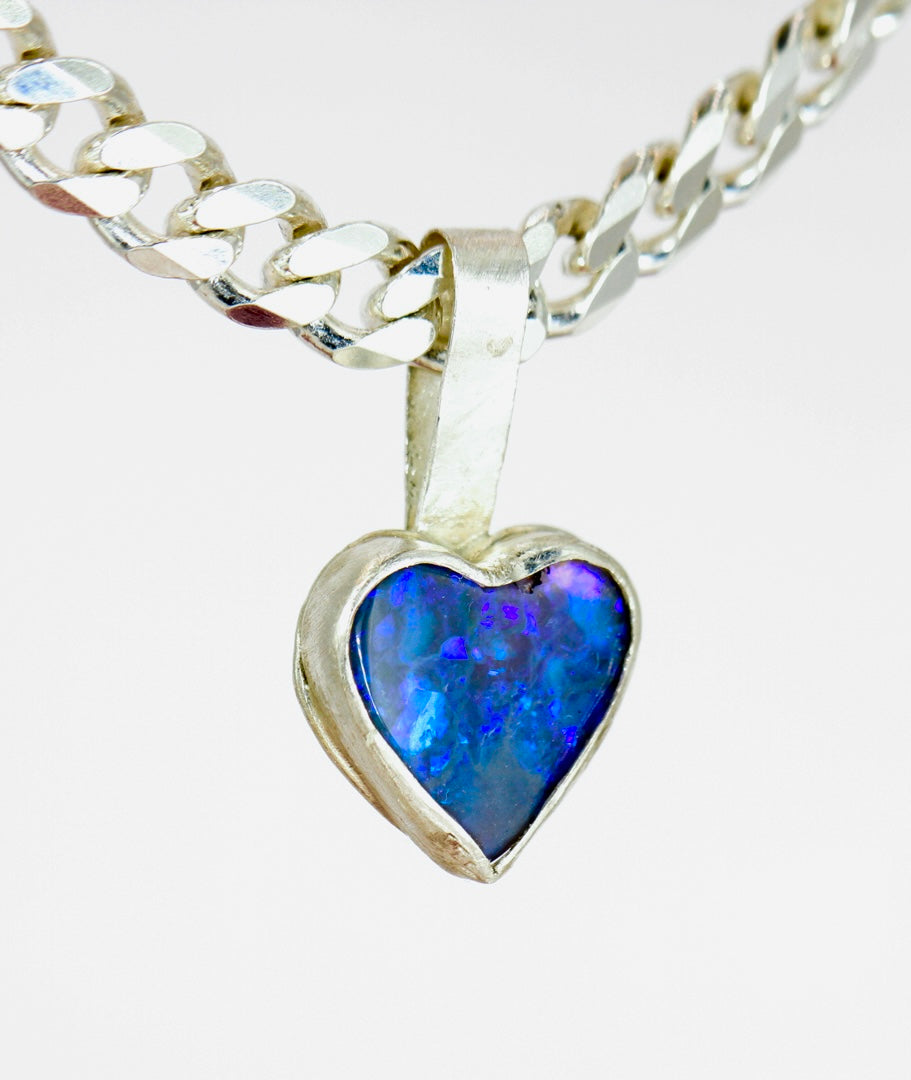 Deep Blue Heart of the Ocean Opal Pendant in Silver