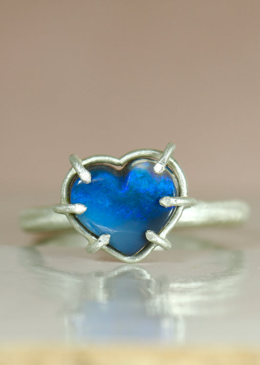 Black Opal Blue Heart Ring in silver