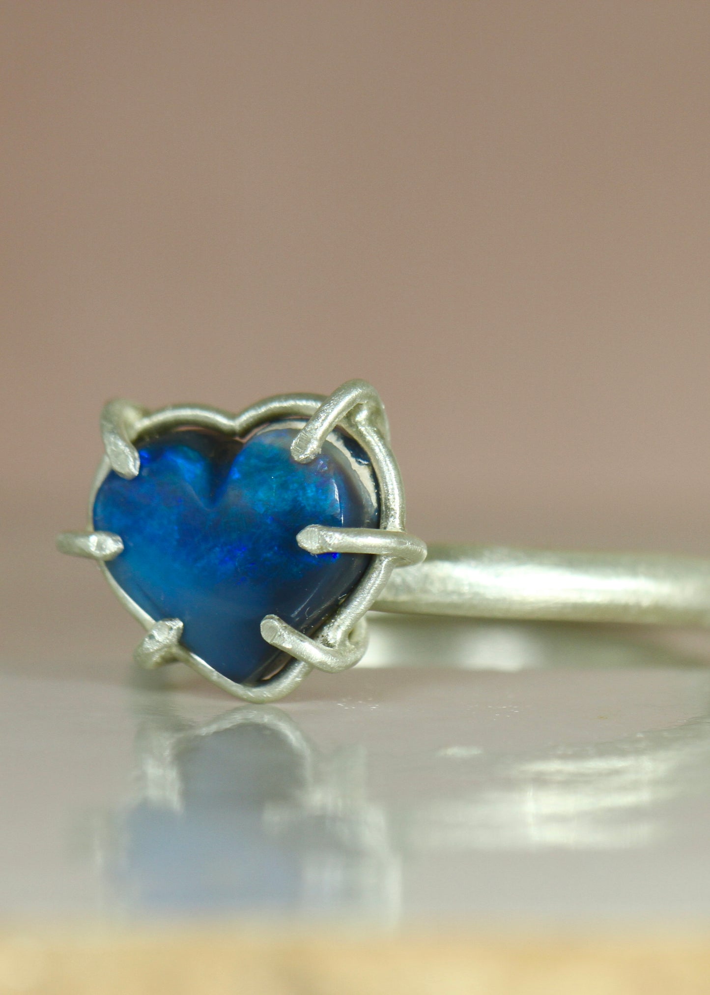 Black Opal Blue Heart Ring in silver