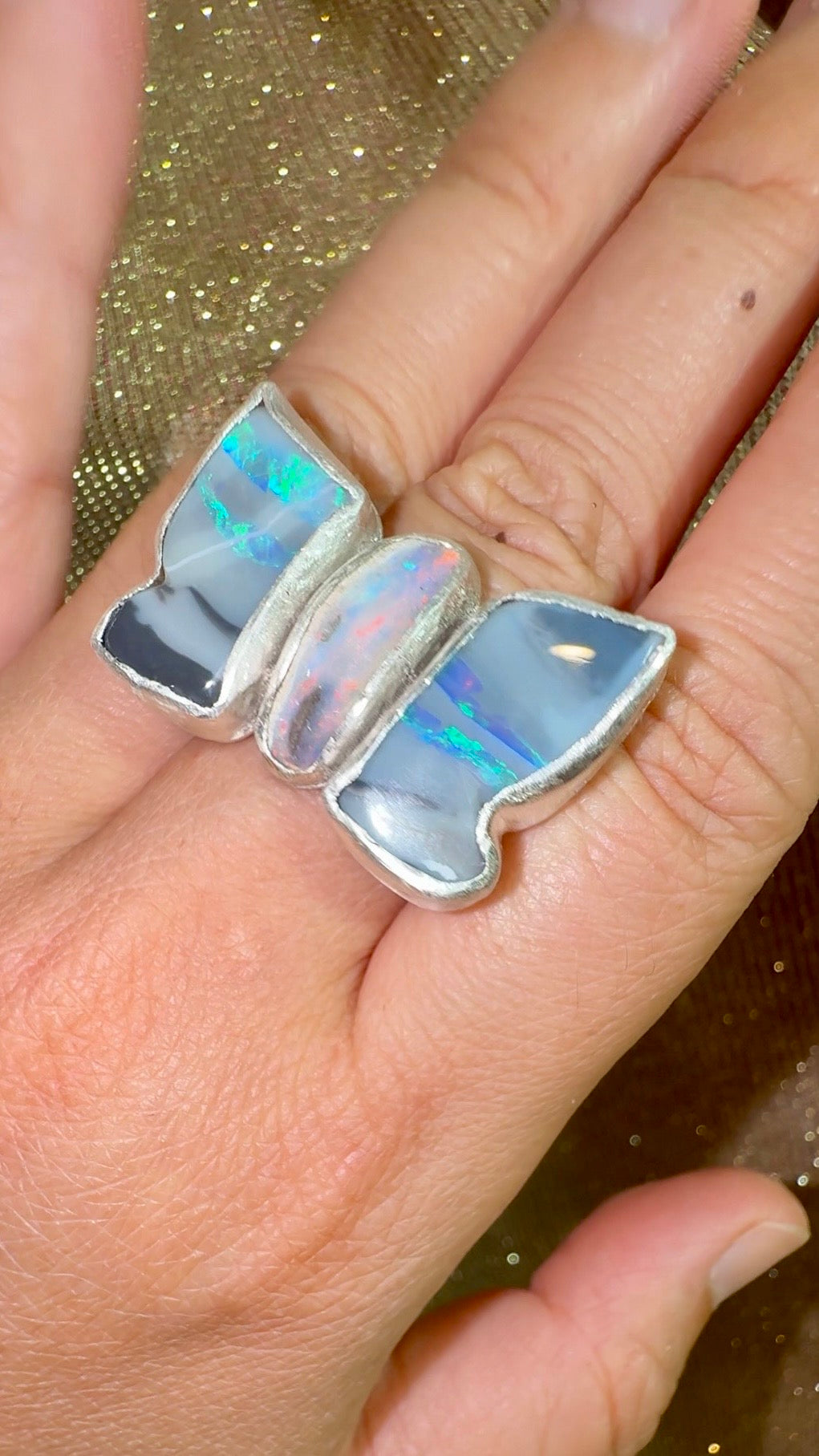 3 Stone Black Opal Butterfly Ring