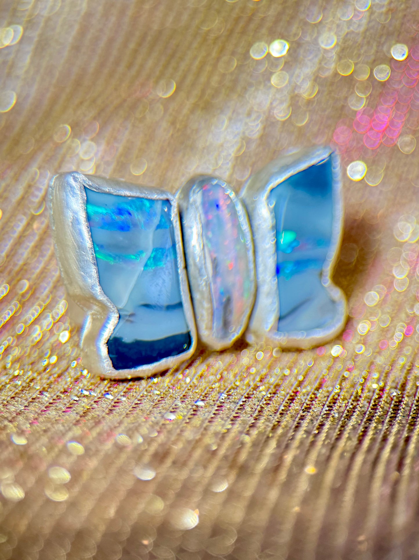 3 Stone Black Opal Butterfly Ring