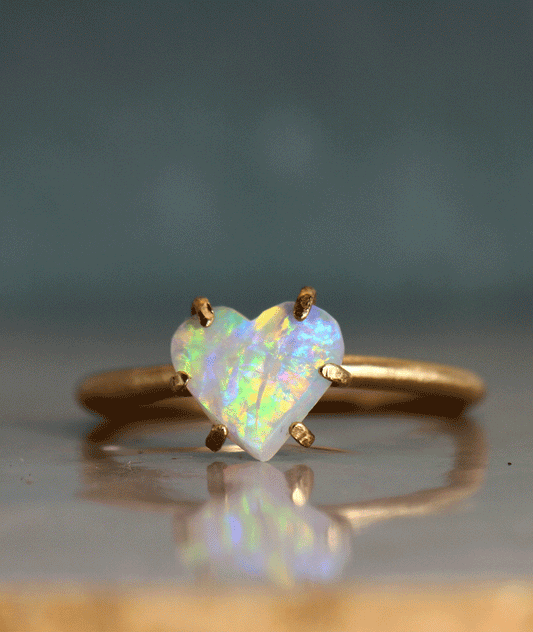 Rainbow Crystal Opal heart ring in solid gold (rotating GIF). 