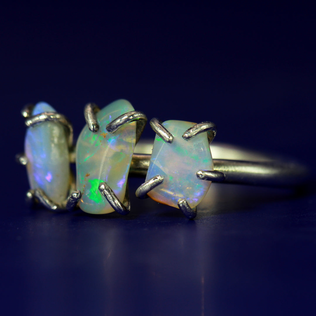 The Trifecta Electric Blue Green opal ring