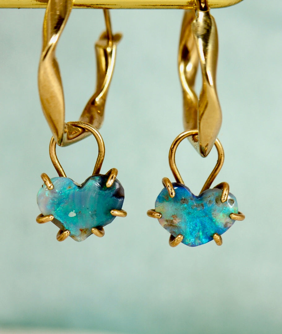 Blue Hearts Opal Earring Charms in solid gold