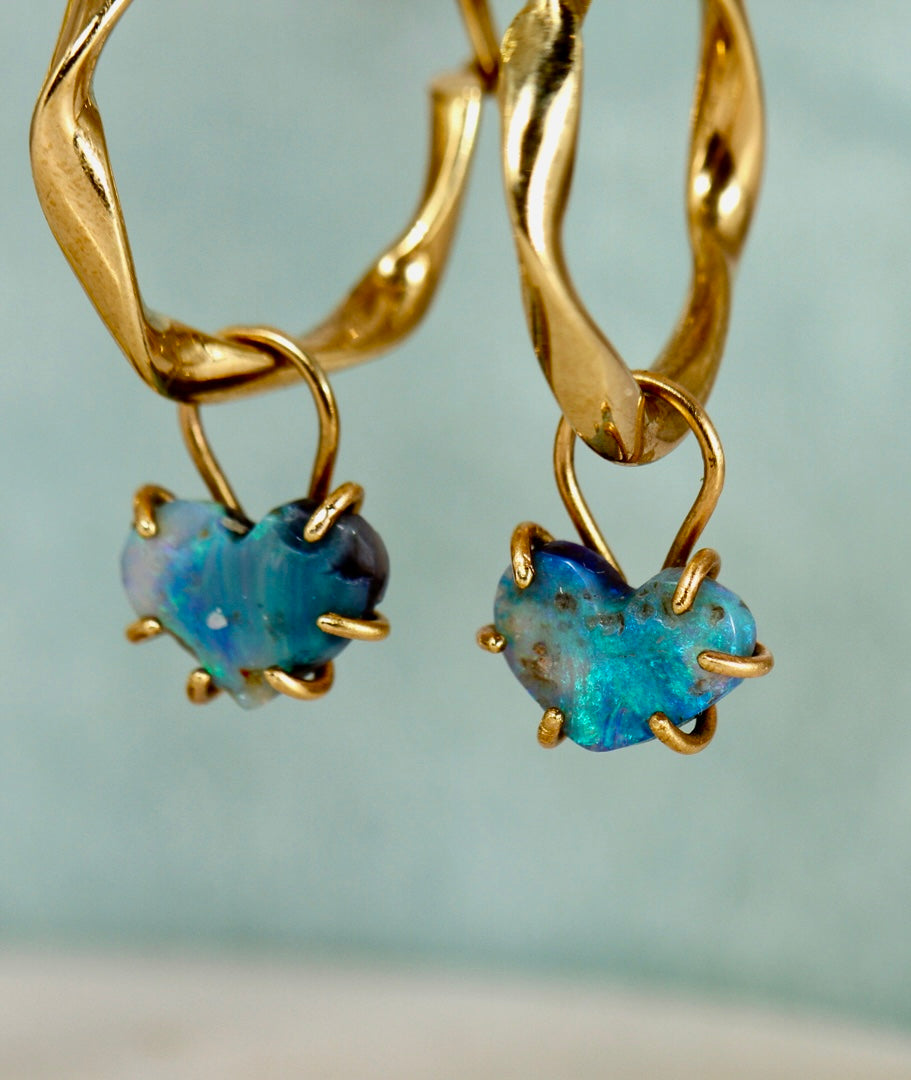 Blue Hearts Opal Earring Charms in solid gold