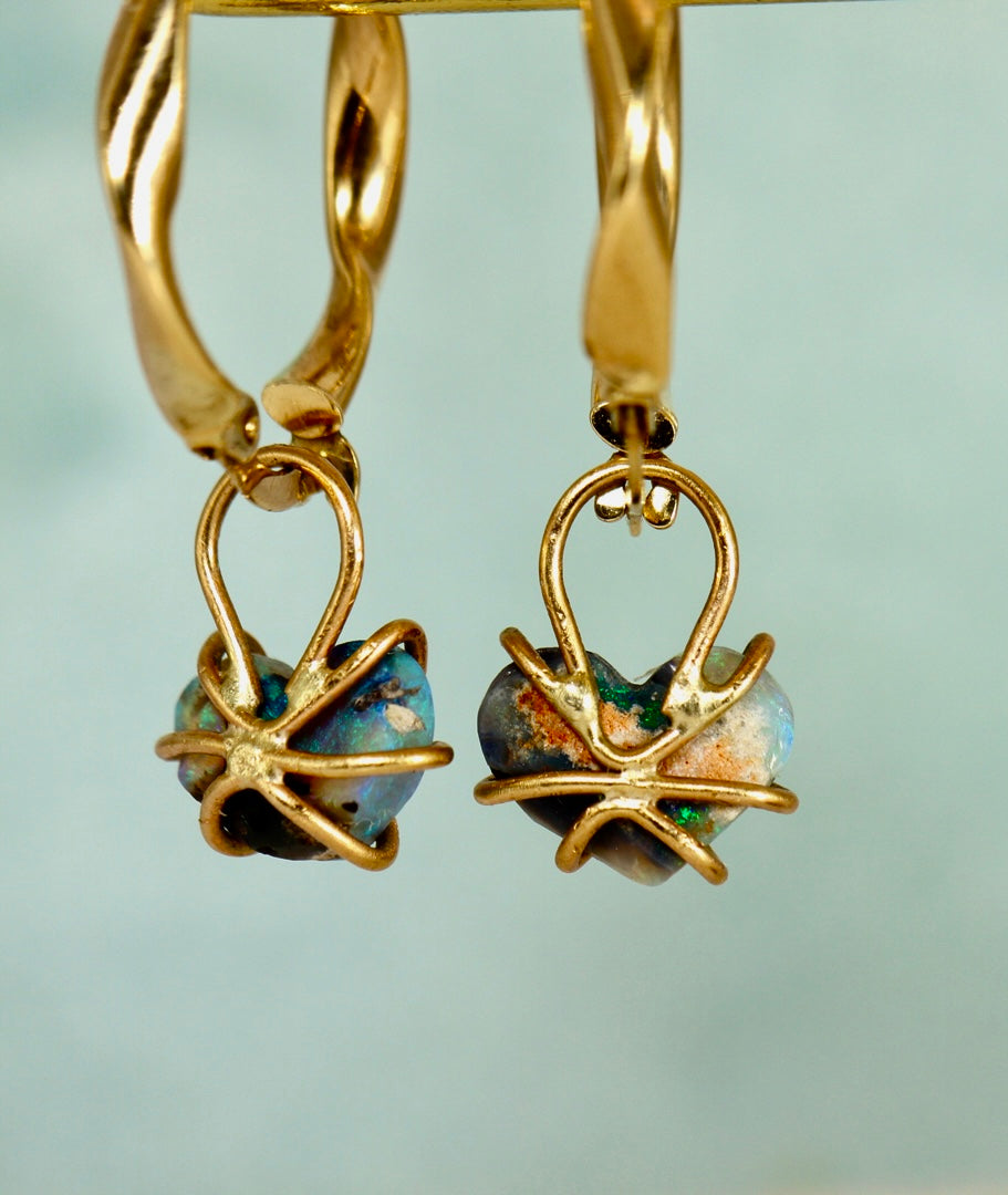 Blue Hearts Opal Earring Charms in solid gold