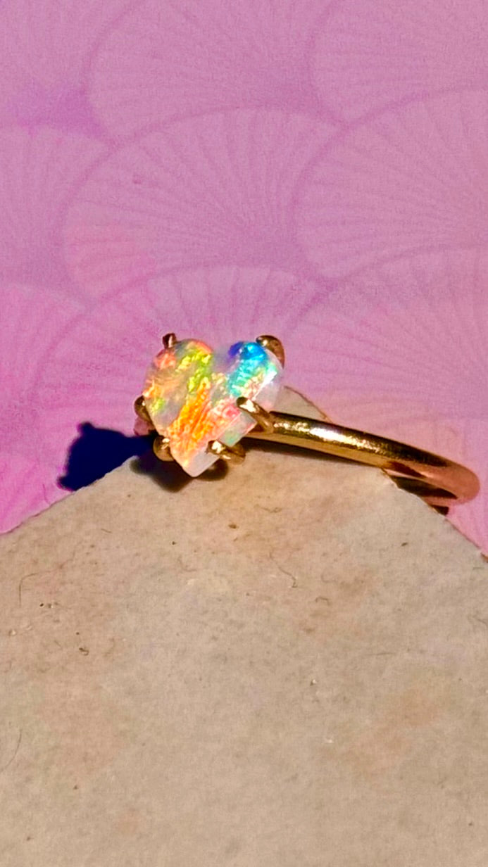 Vibrant Rainbow Heart Opal solid gold ring